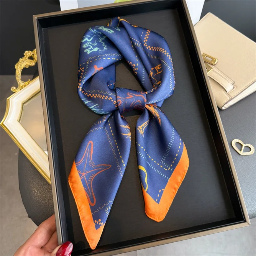 Shawl Wrap Winter - Syal Sutra Persegi Motif Biru Wanita